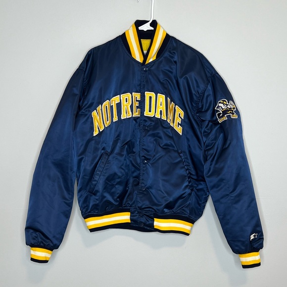 Notre Dame Vintage 90s Nylon Starter Bomber Jacket Blue Yellow FLAWS Collegiate - Picture 1 of 16